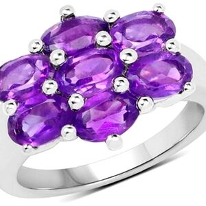925 Silver Base 3.0ct Amethyst Ring Oval Cluster - W/Rhodium Plating - Size 7